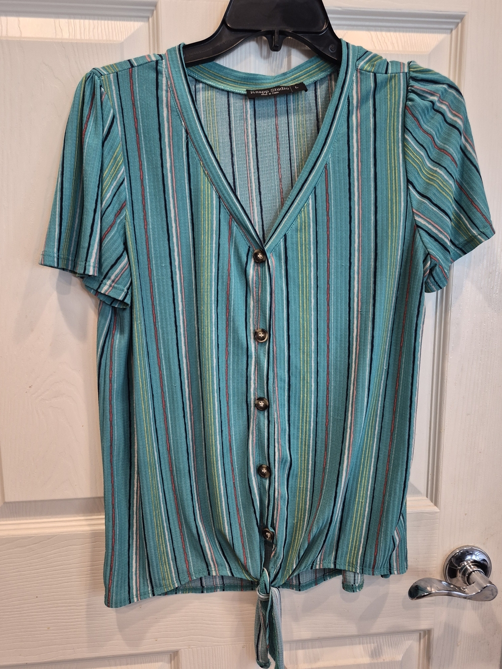 Striped Button-Front Tie Hem Top